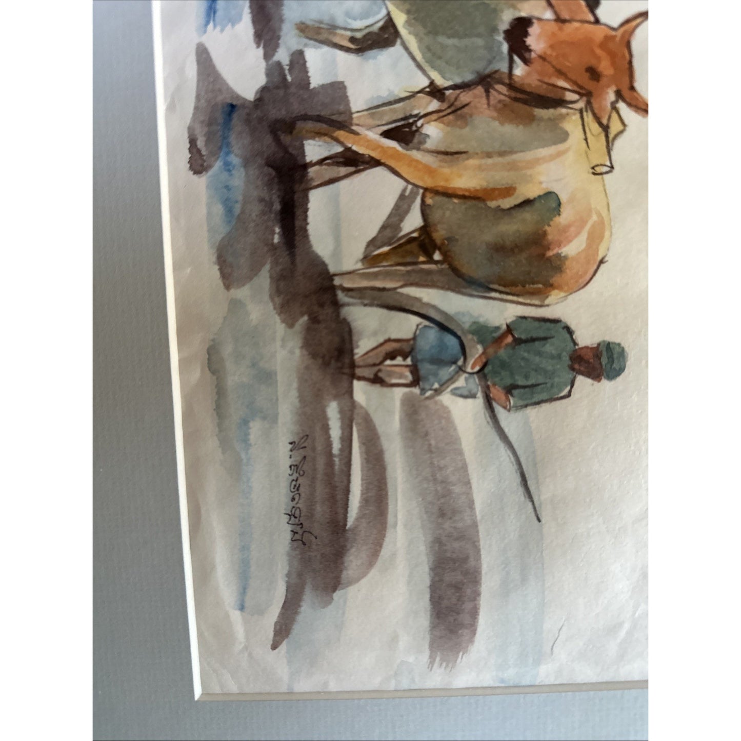 Original Watercolor Painting - Water Buffalo/Farmer- Signed unable to read artist