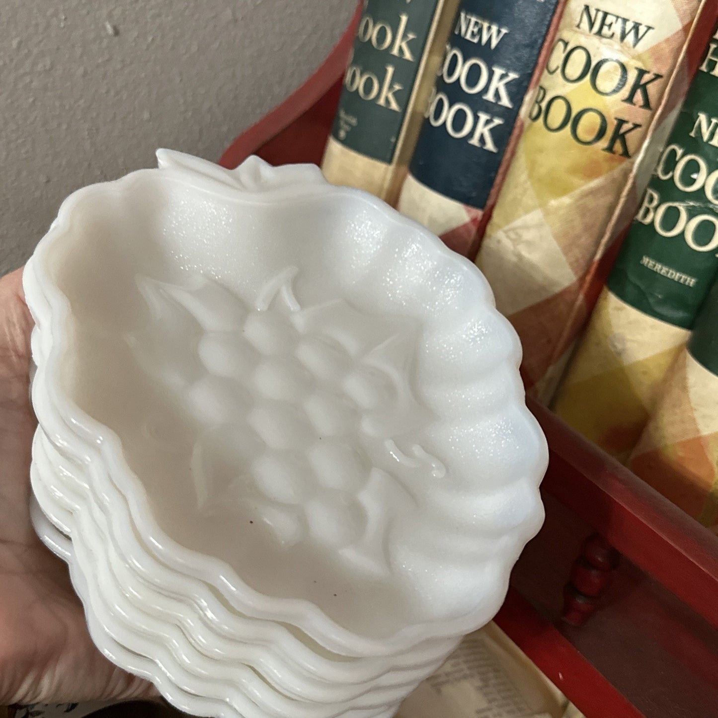 Vintage Hazel Atlas White Milk Glass Grape Pattern Candy/Snack Dish Set of 6