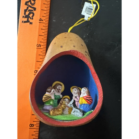 Figural Nativity Scene Gourd Christmas Ornament Hand Painted Folk Art Bonaire