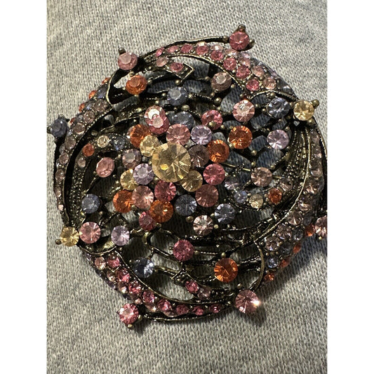 VTG Swirl Multicolor Rhinestones Brooch Pendant Antiqued Gold Plate Outstanding