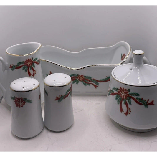 Poinsettia & Ribbons 5pc Accessories Set Gravy Sugar Creamer Salt Pepper Holiday