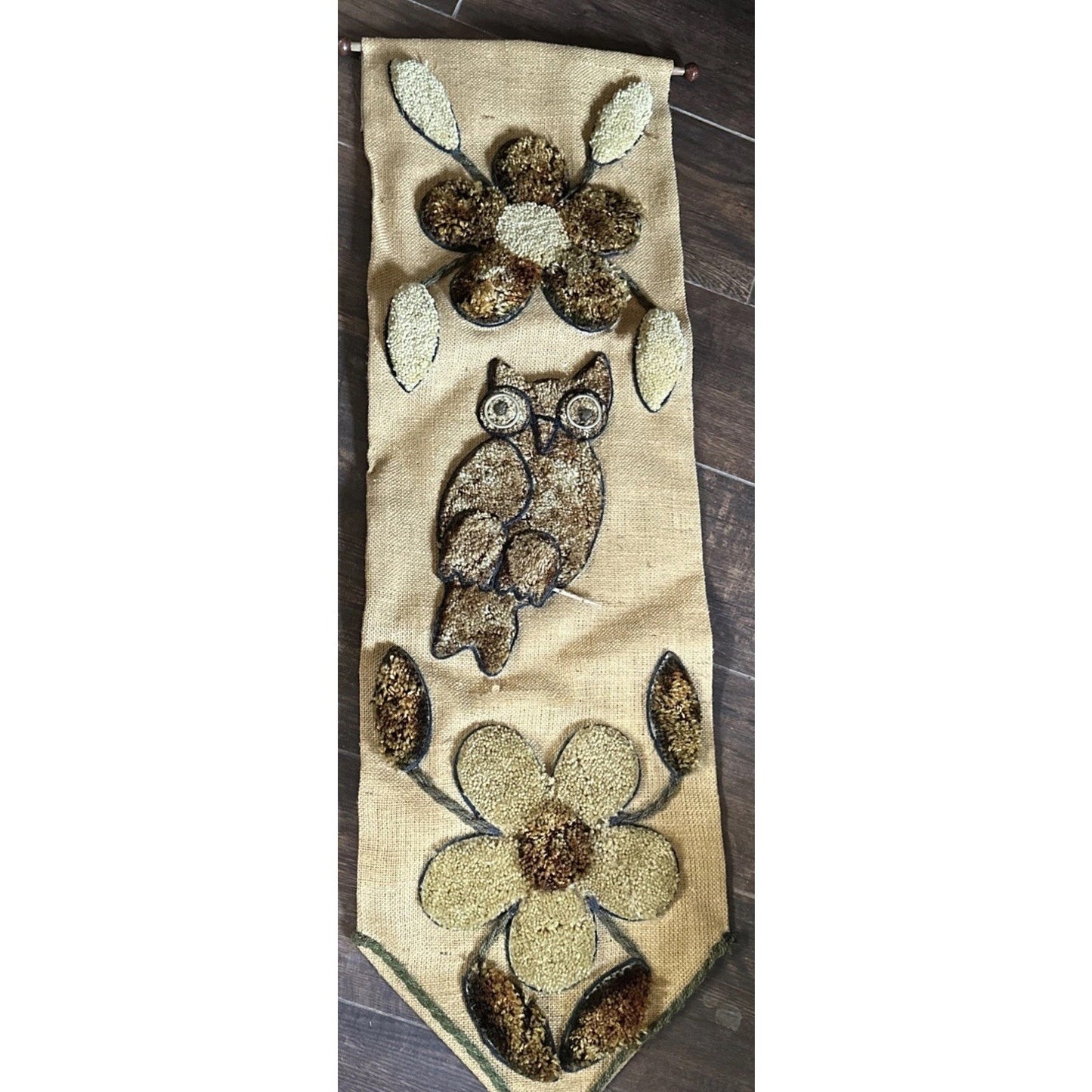 Vintage 1970’s Latch Hook Shag On Burlap With Owl And Flowers Wear With Age