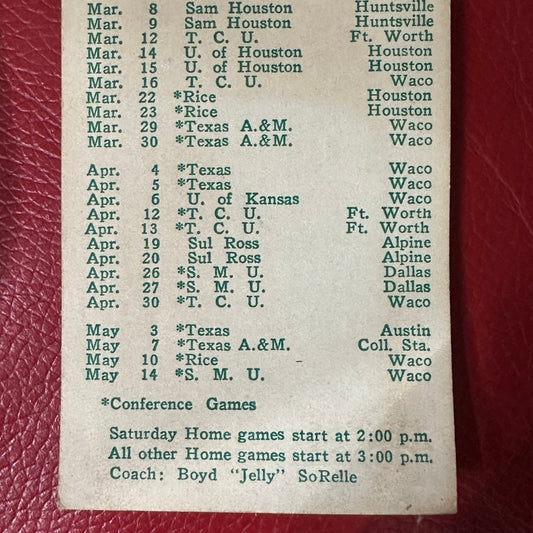 1957 Baylor Baseball & track Schedule card