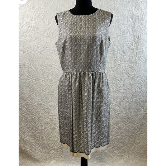 Pre-Owned Women’s Miss Wu Lace Print Silk Twill Dress, Cream & Black color, Sz 10