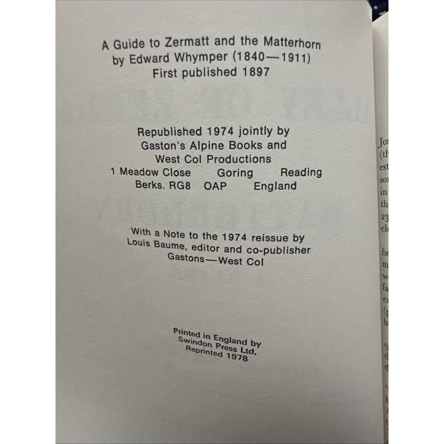 A Guide to Zermatt and the Matterhorn by Edward Whymper 1978