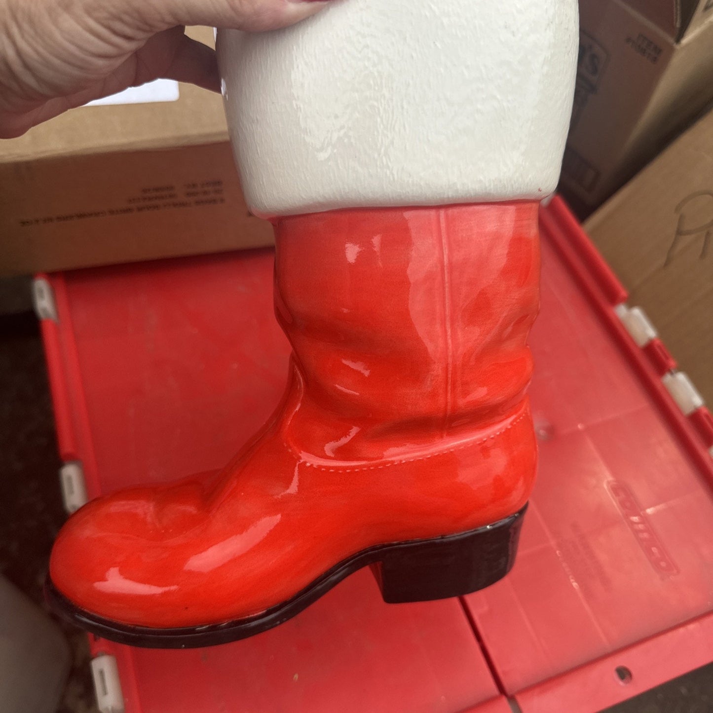 Vintage Santa's Boot Christmas Vase Planter Red Hand Painted Ceramic Mold 8.5"