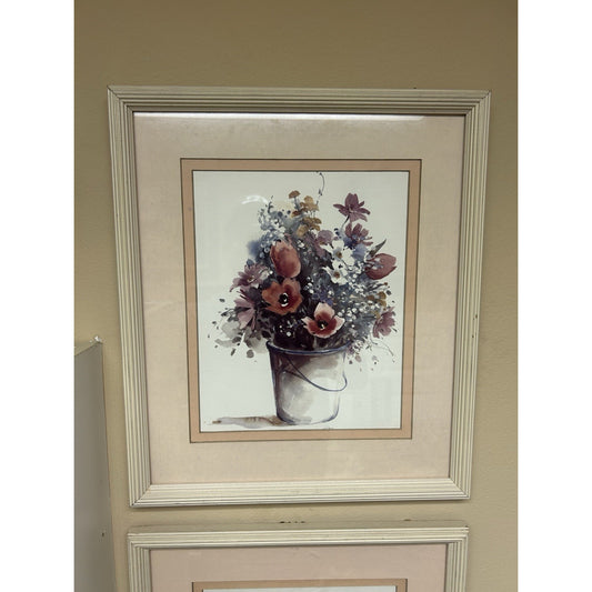 Vintage Pair Of Floral Watercolor Prints Framed & Matted