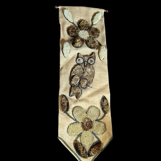 Vintage 1970’s Latch Hook Shag On Burlap With Owl And Flowers Wear With Age