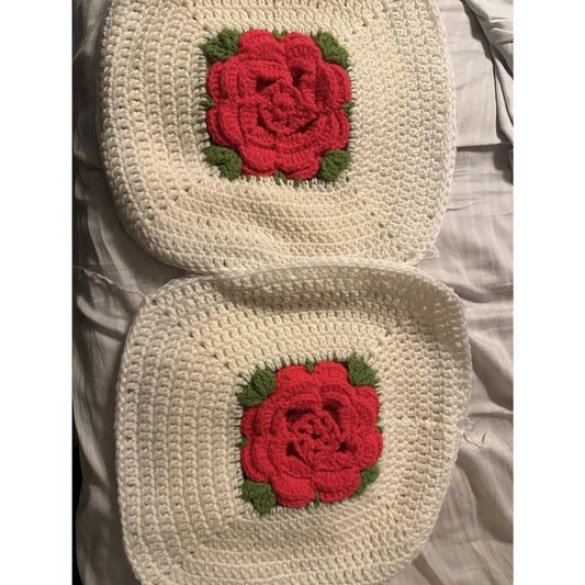 Vintage Crochet Throw Pillow COVER Handmade white green red roses 16” Set Of 2