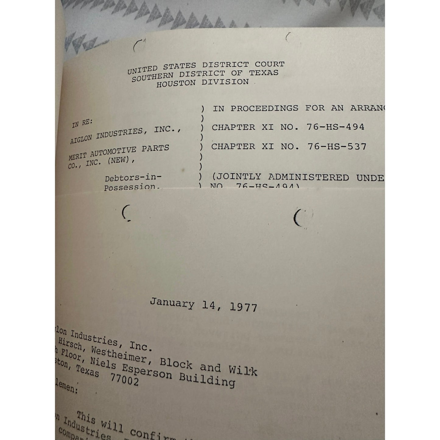 Aiglon Industries, Inc ET AL chapter XI Arrangement Proceedings NOS 76-HS-494, ET SEQ