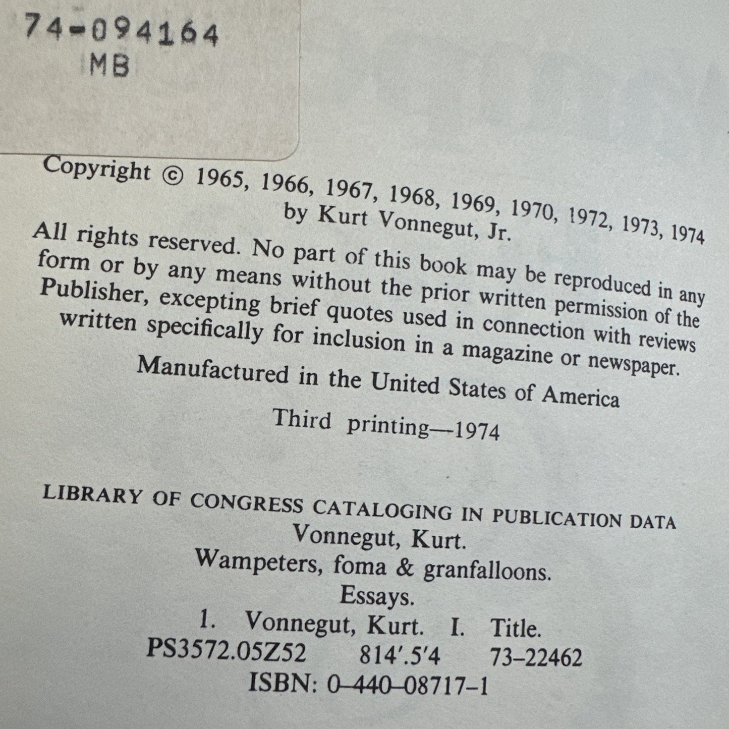 Wampeters Foma Granfallons by Kurt Vonnegut True 1st Ed Print HCDJ 1974 $8.95