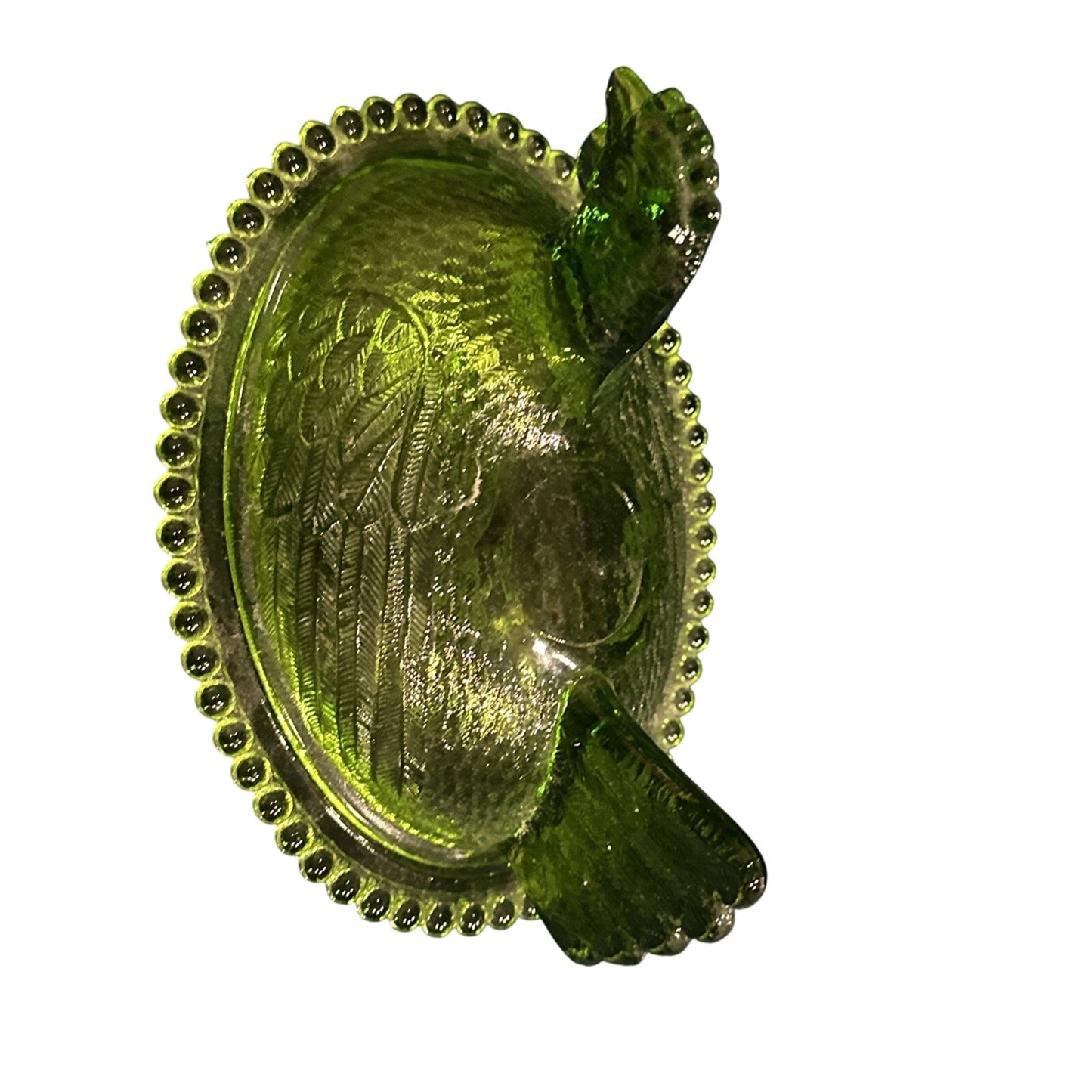 BIG Vintage Mid-Century Modern GREEN Glass Lidded Bowl Hen on Nest SERVING DISH