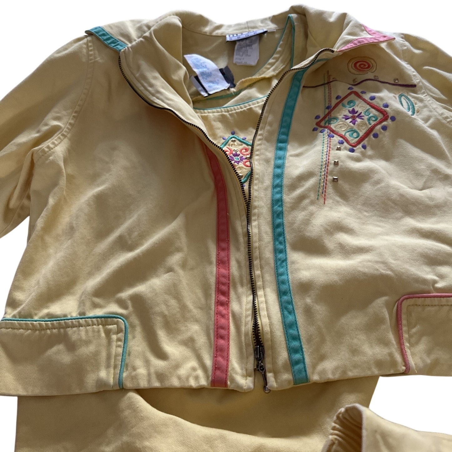 Vintage 3 Piece 80s City Girl Sport Yellow Embroidered Jacket, Skirt, Top Sz 8