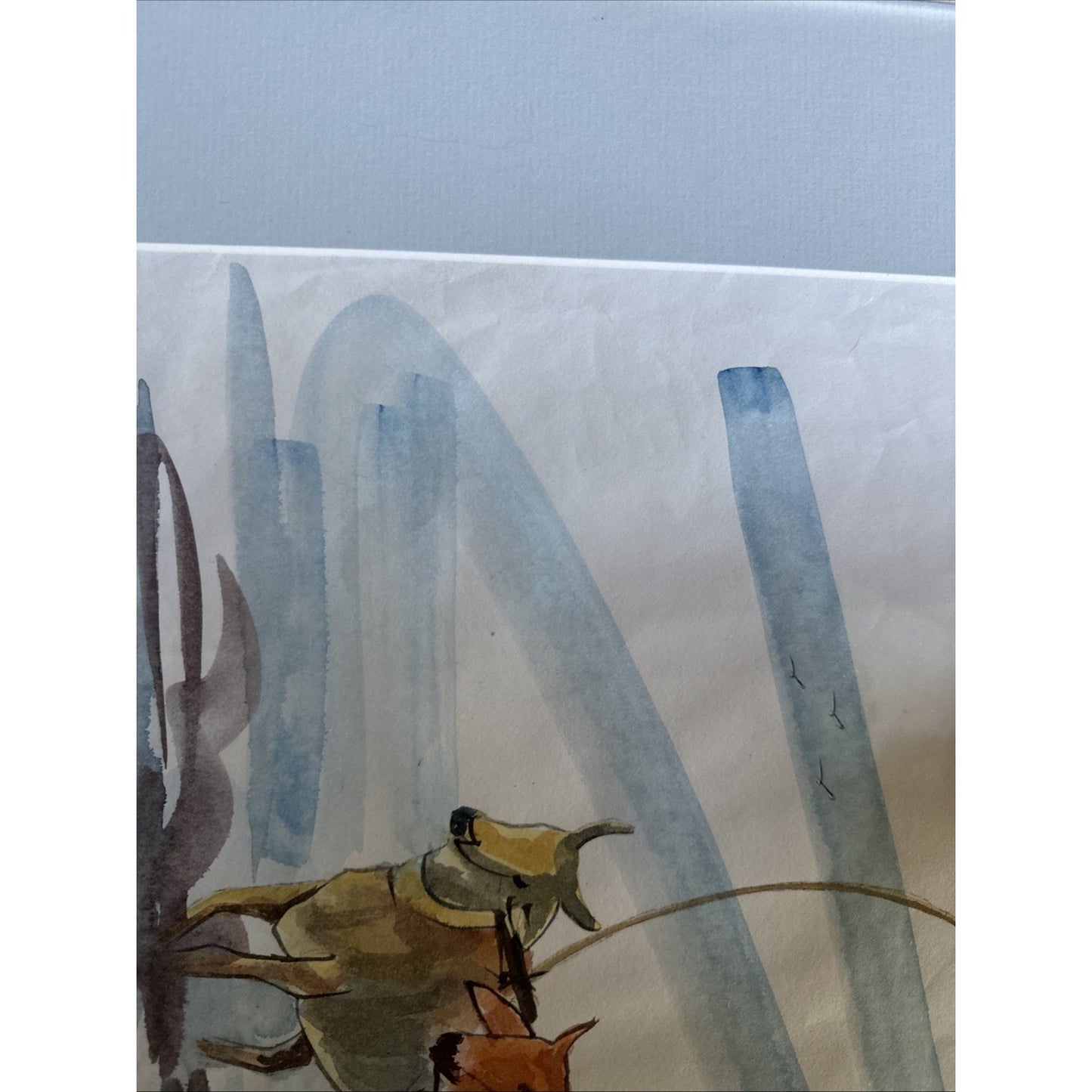 Original Watercolor Painting - Water Buffalo/Farmer- Signed unable to read artist