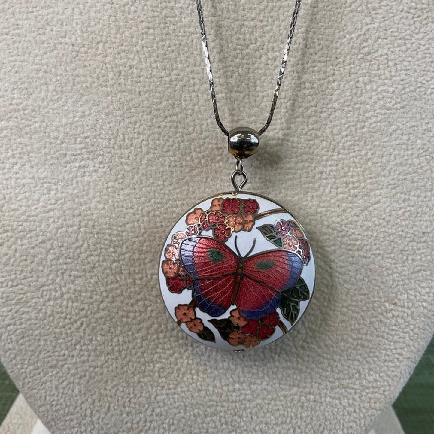 Vintage cloisonne butterfly pendant necklace