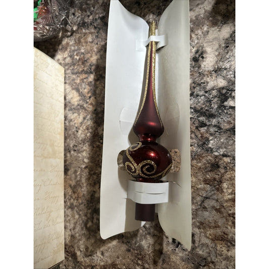 Vintage Glass Blown 12" Christmas Tree Topper maroon Gold Sparkle
