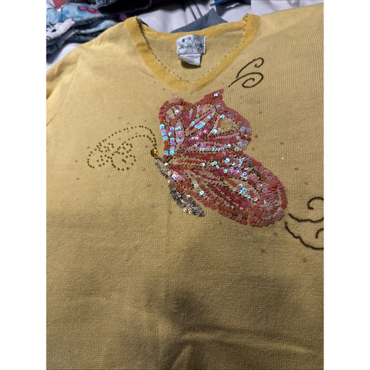The Quacker Factory Women Butterfly Sequin Sweater Size Large Yellow Y2K VINTAGE