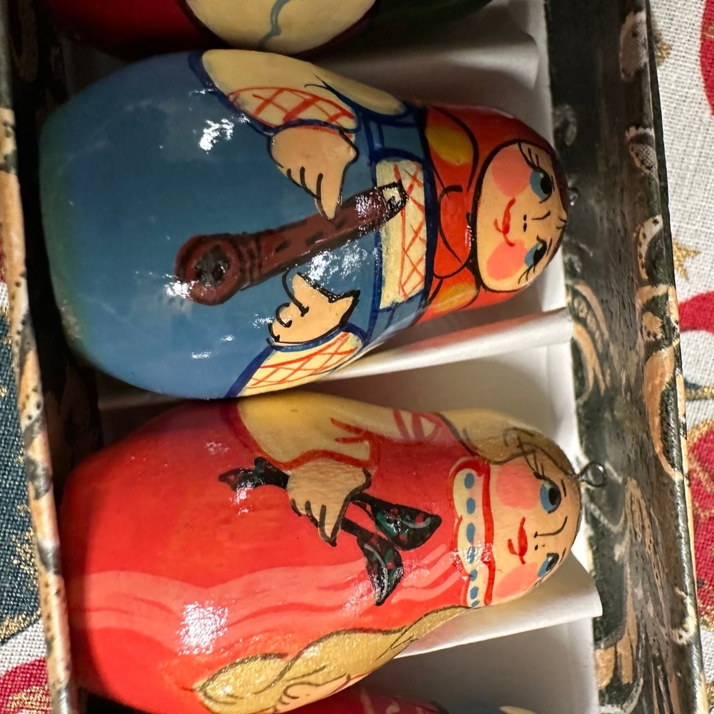 Christmas Tree Decoration Set Ornaments 7 Russian Wooden Toys Dolls Hand Painted