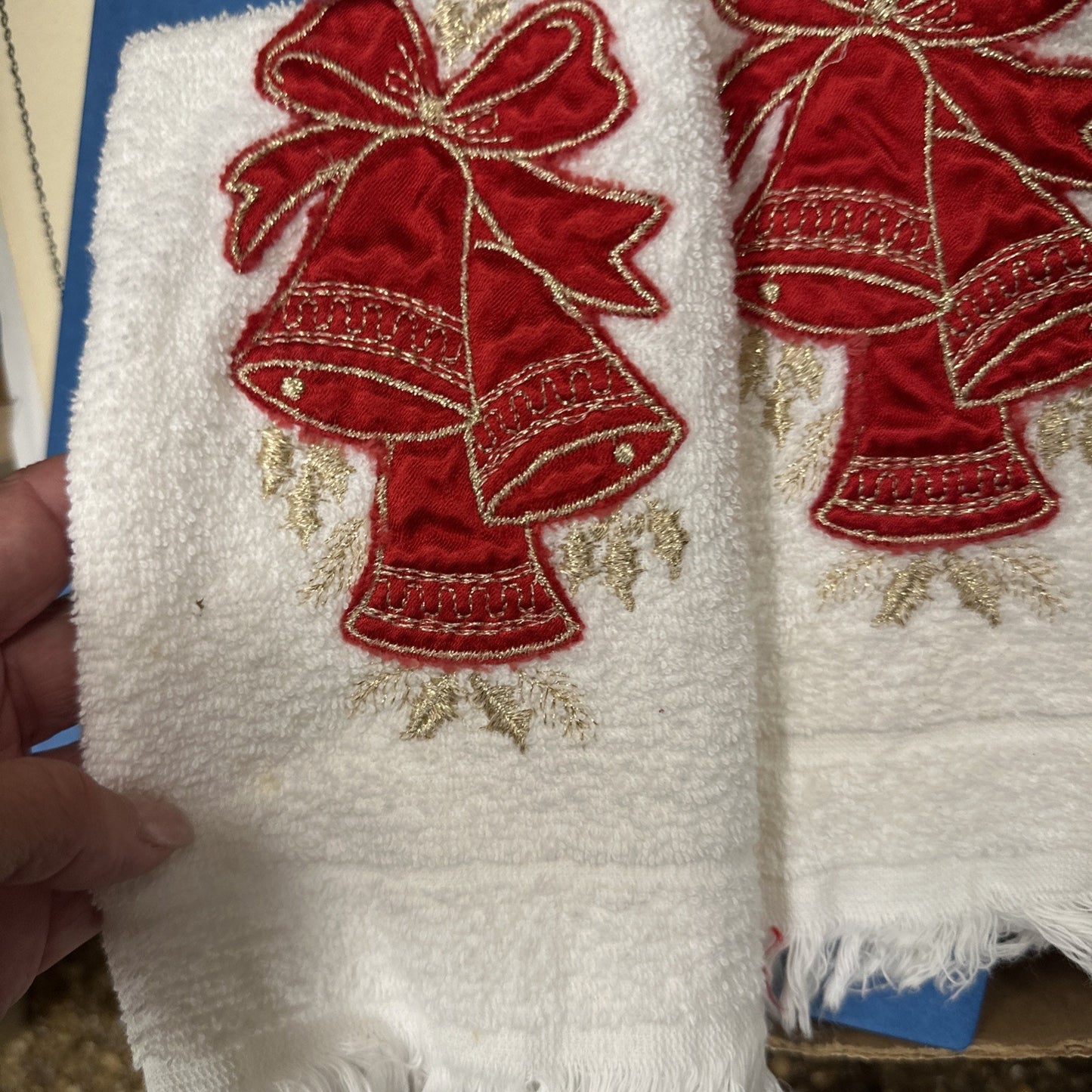 Vintage Cannon Hand Towels Ivory Red Holiday Bells 100% Cotton USA 10”x16”