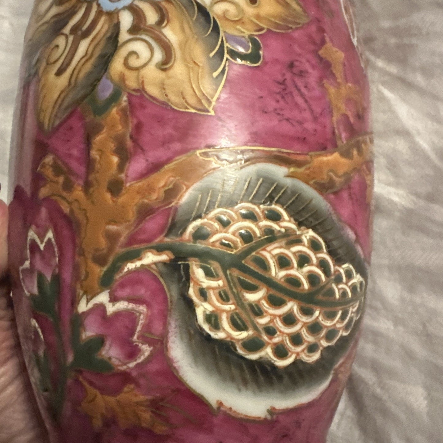Vintage WBI Chinese Vase Porcelain Floral Design Blue Pink 12” Tall Gold Outline