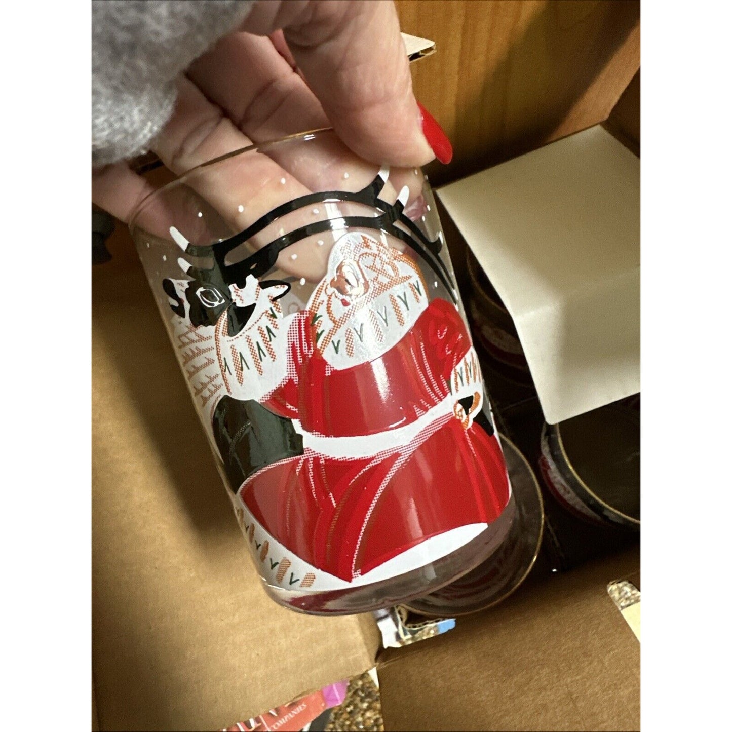 VTG MCM Culver Xmas Santa & Reindeer14oz Double Old Fashioned Glasses - Set Of 4