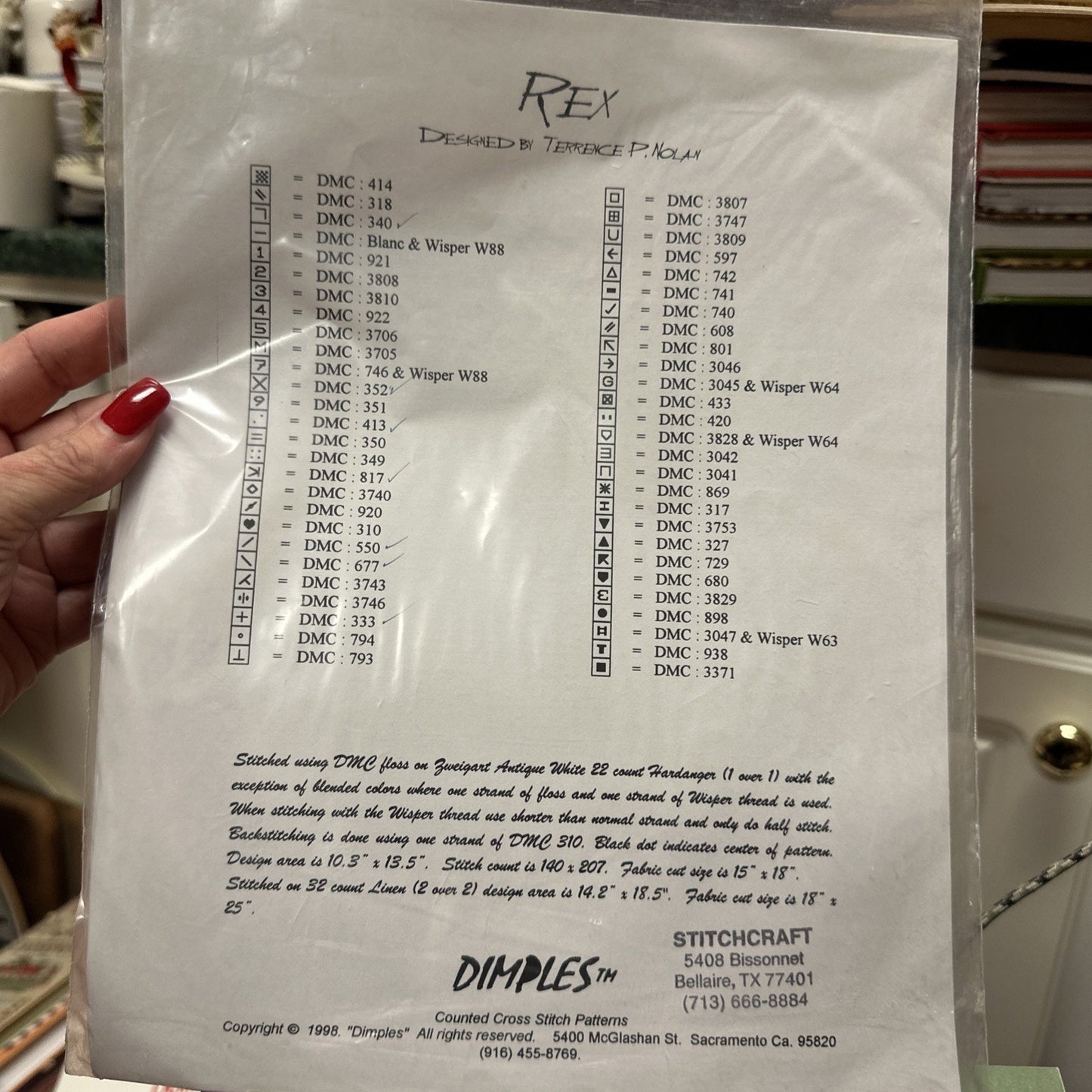 Dimples Designs Terrence Nolan Rex Counted Cross Stitch Pattern