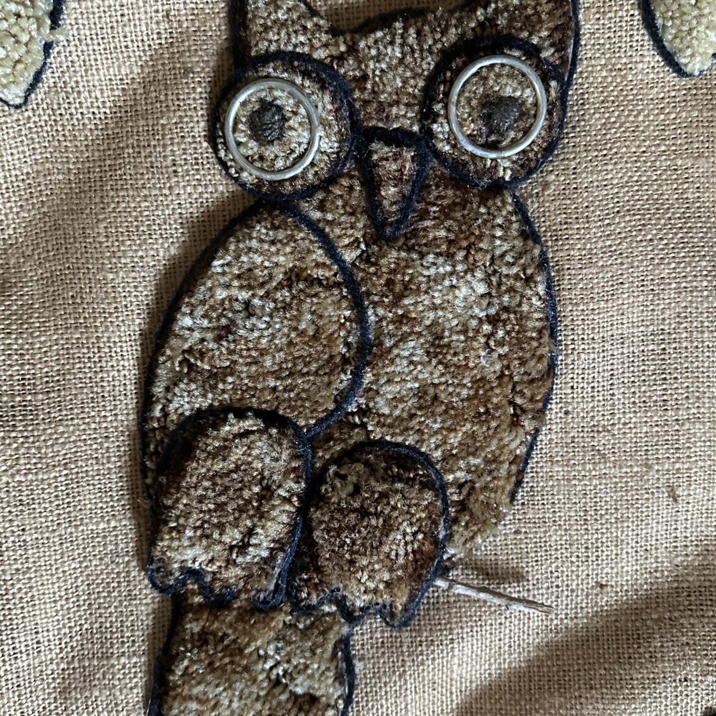 Vintage 1970’s Latch Hook Shag On Burlap With Owl And Flowers Wear With Age
