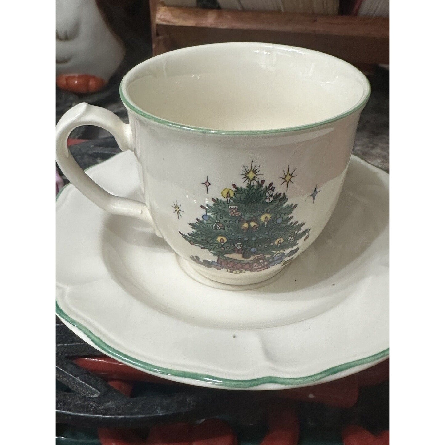 Happy Holidays Tea Cup and Saucer Christmas Tree Nikko White Japan Set of 2