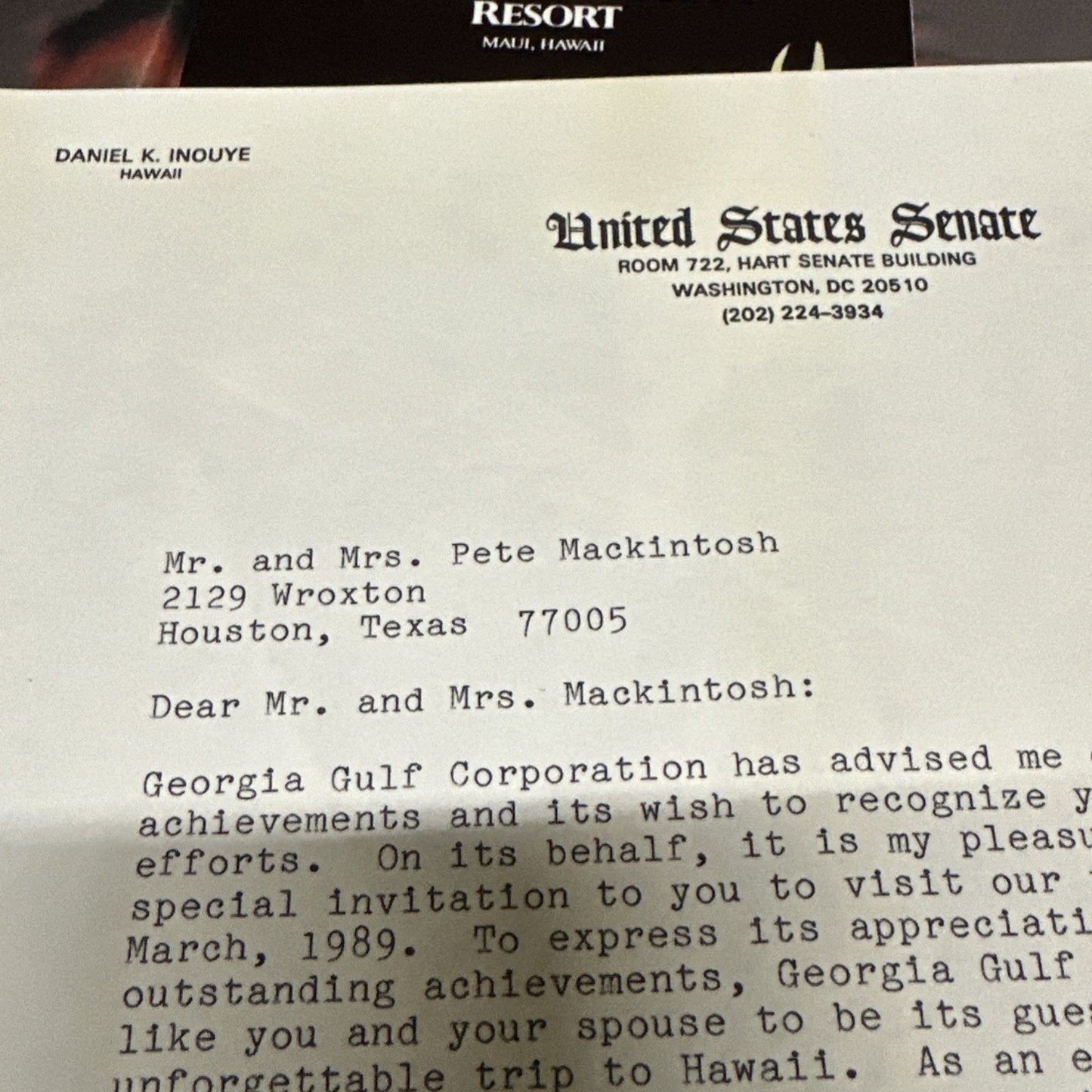 DANIEL K. INOUYE - TYPED LETTER SIGNED 1989