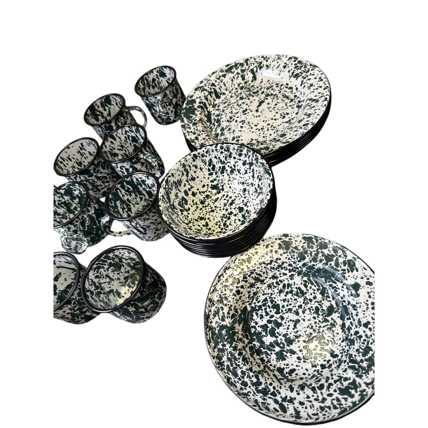 32 CGS International Fine Enamel ware Green & White Splatter Plates Bowls Cups