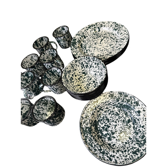 32 CGS International Fine Enamel ware Green & White Splatter Plates Bowls Cups