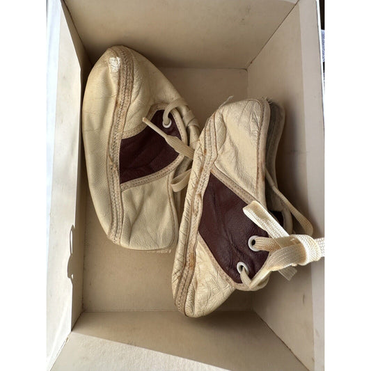 Vintage White Brown Baby Saddle Shoes Lace Up Faux Leather Size 3 With Box Baby deer Shoes