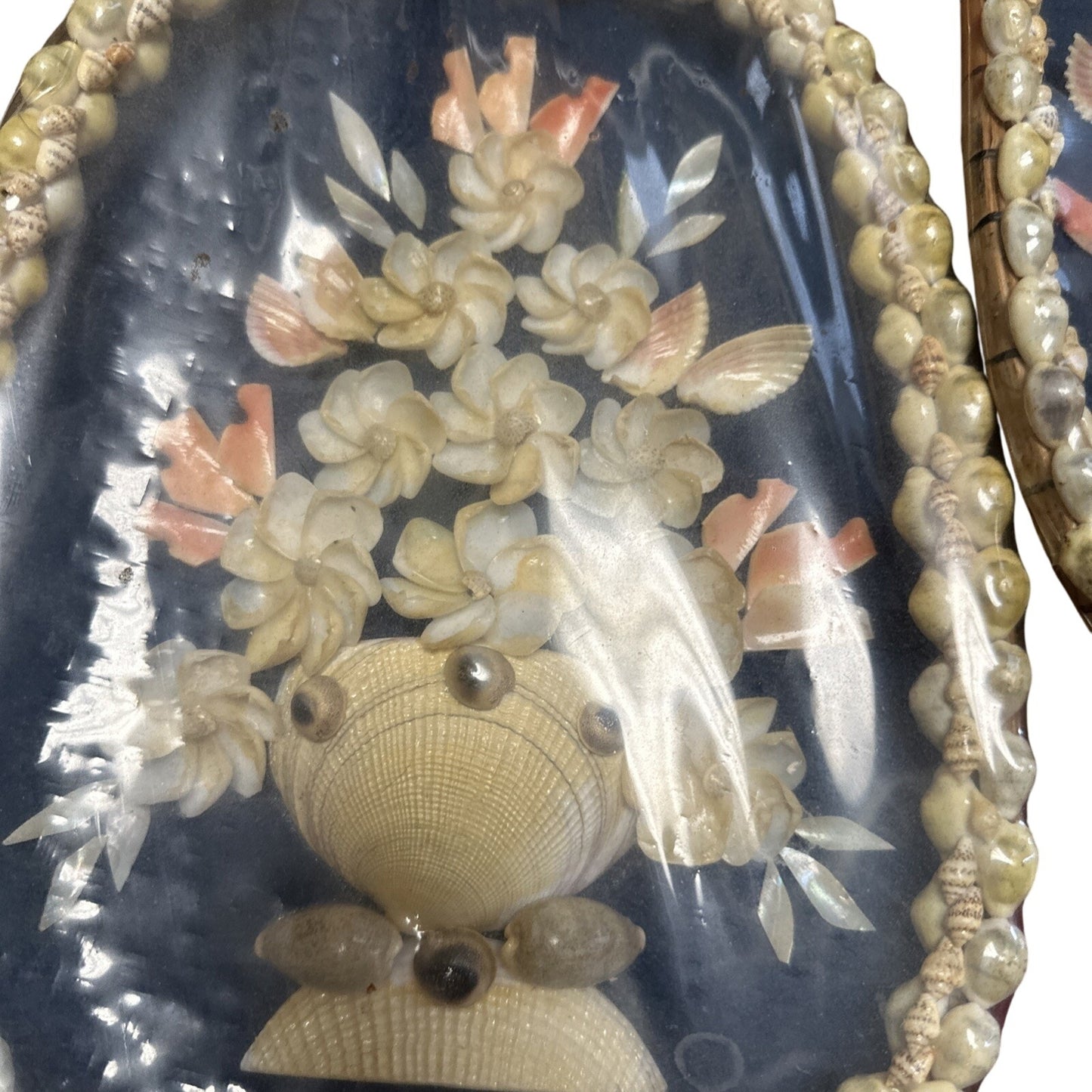 Pair Of Vintage Seashell Floral Wall Hanging Basket Folk Art Tramp Art