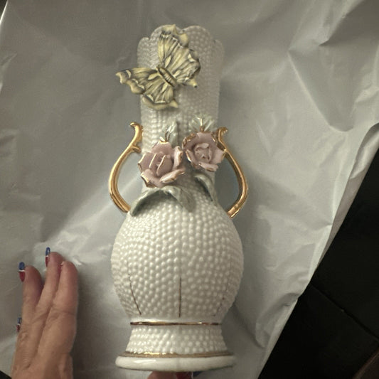 Vintage Double Handled Hobnail Porcelain Bud Vase W/ Gold Trim & Applied Flowers