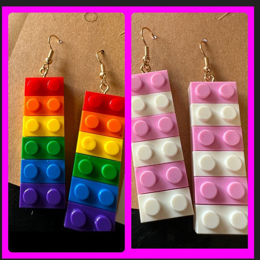 Rainbow & Pink/White Lego dangle Earrings super cute