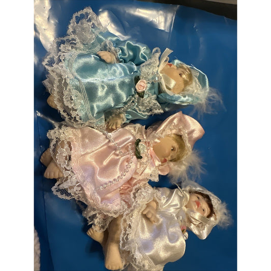 Vintage Lot of 3 Victorian Style Miniature 5" Porcelain Articulated Dolls Dress