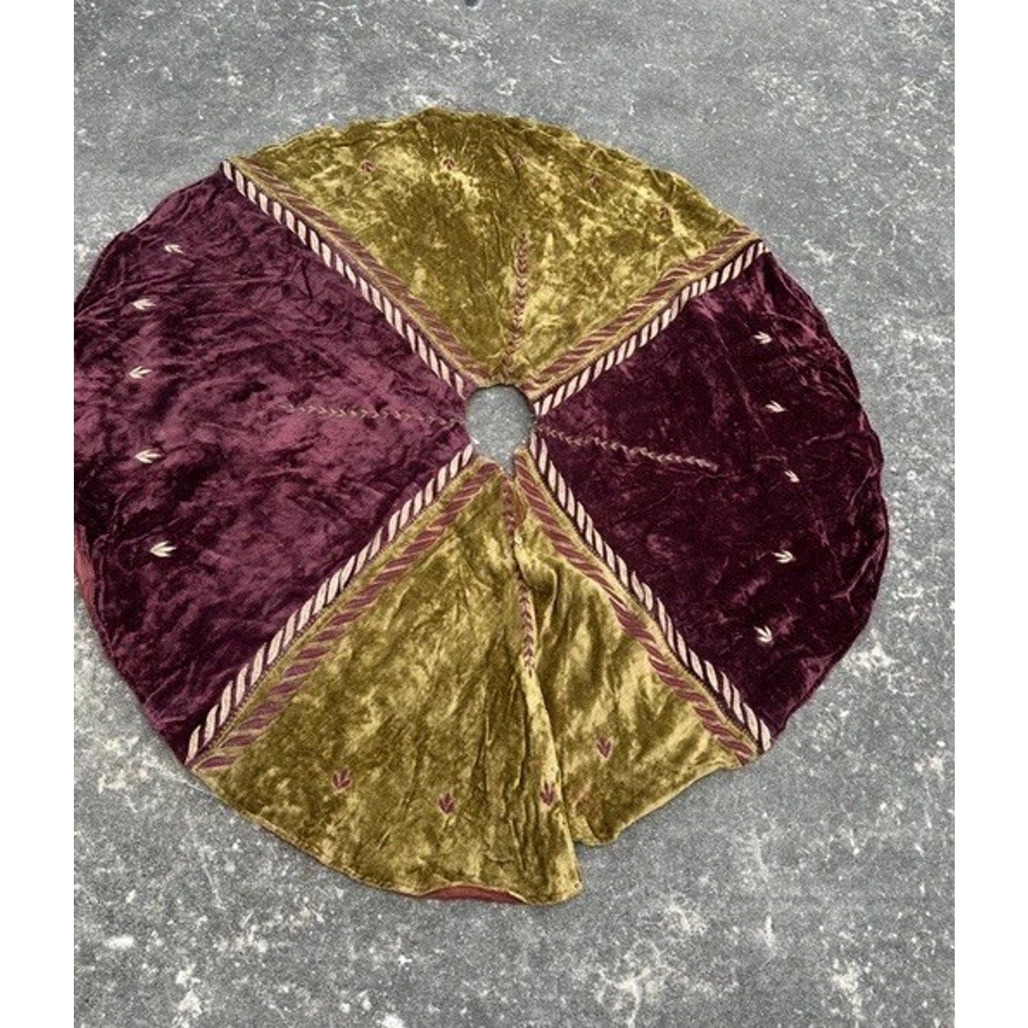 Vintage Velvet Maroon And Gold Christmas Tree Skirt Round 54”