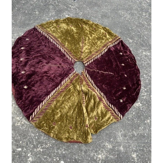 Vintage Velvet Maroon And Gold Christmas Tree Skirt Round 54”