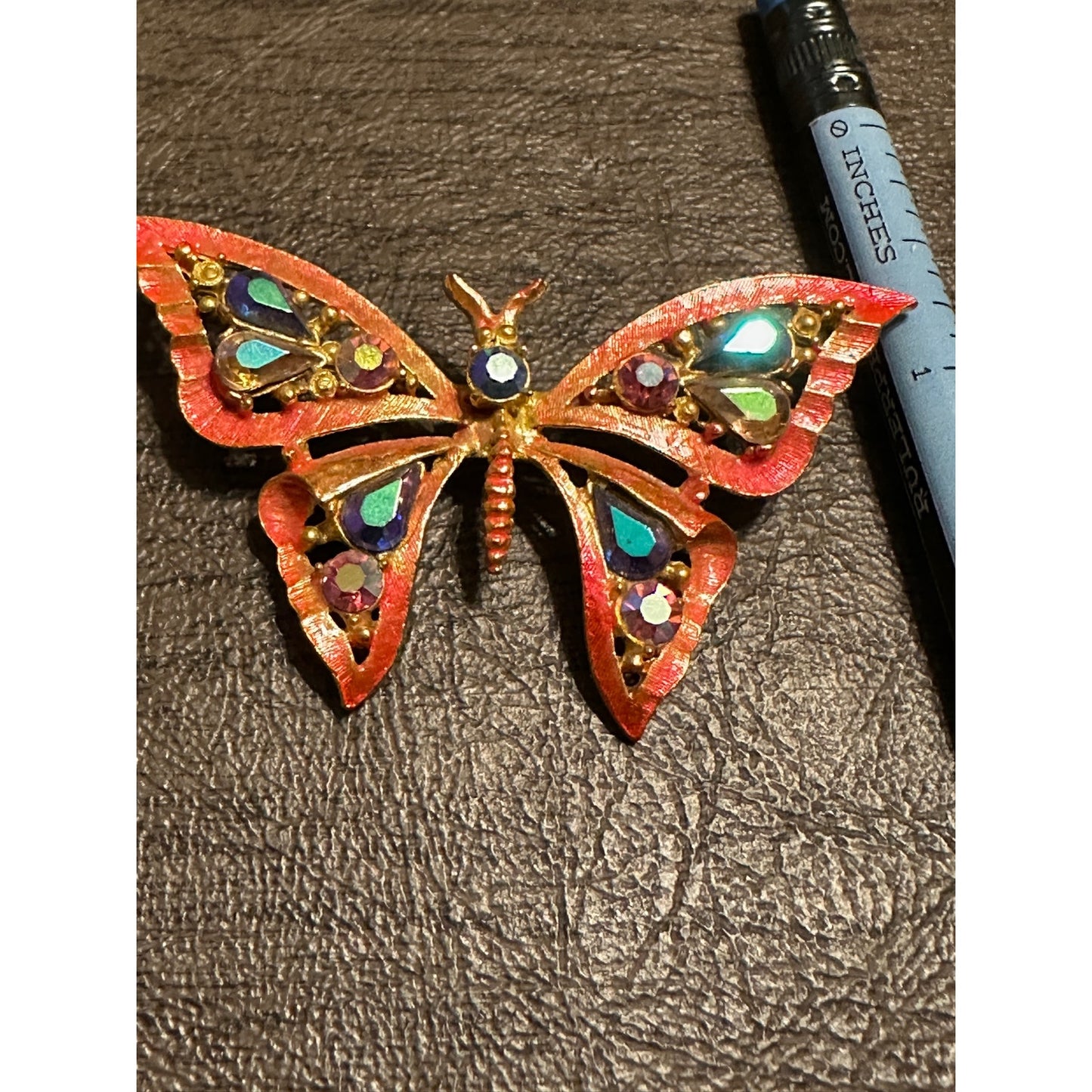 Vintage Metallic Gold Tone Butterfly with Aurora Borealis Rhinestones Brooch Pin