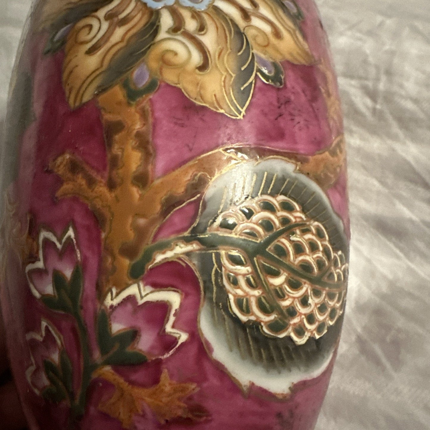 Vintage WBI Chinese Vase Porcelain Floral Design Blue Pink 12” Tall Gold Outline