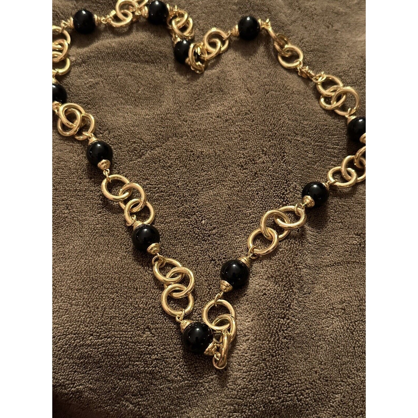 Vintage Monet Black Beaded Necklace Gold Tone Glass Signed Elegant Statement