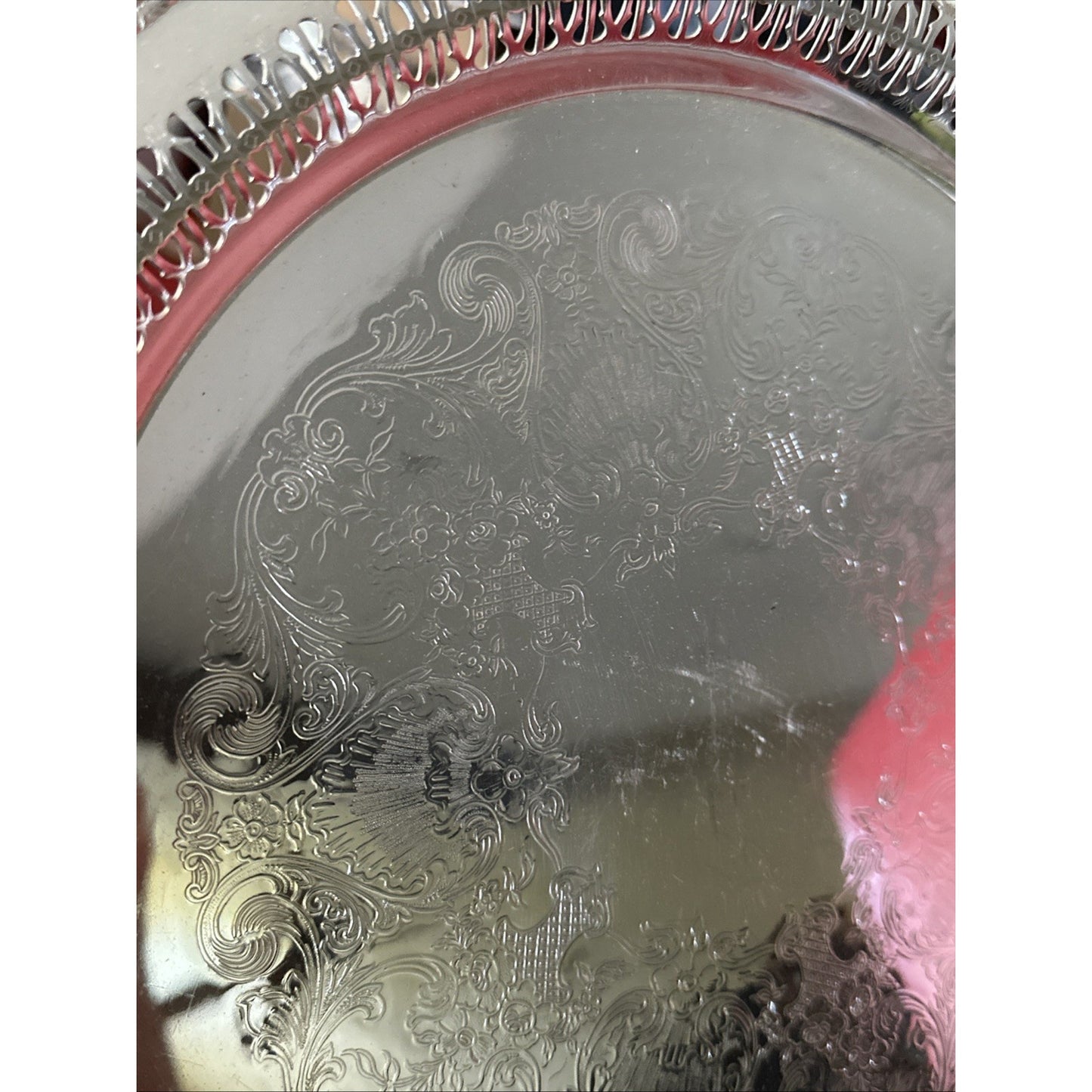 WM Rogers 1770 Round Etched Scrolls Silverplate Tray