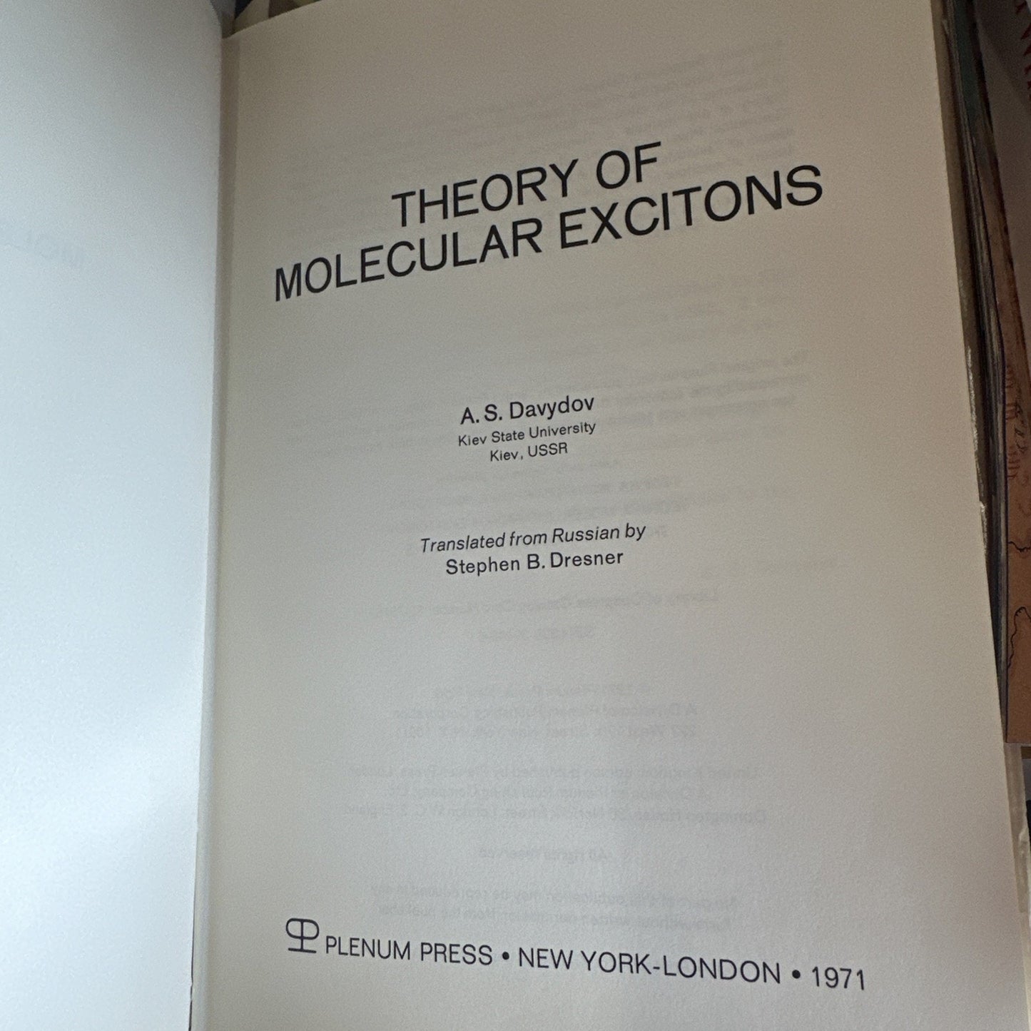 Theory of Molecular Excitons by A. Davydov (English) Hardcover Book 1971
