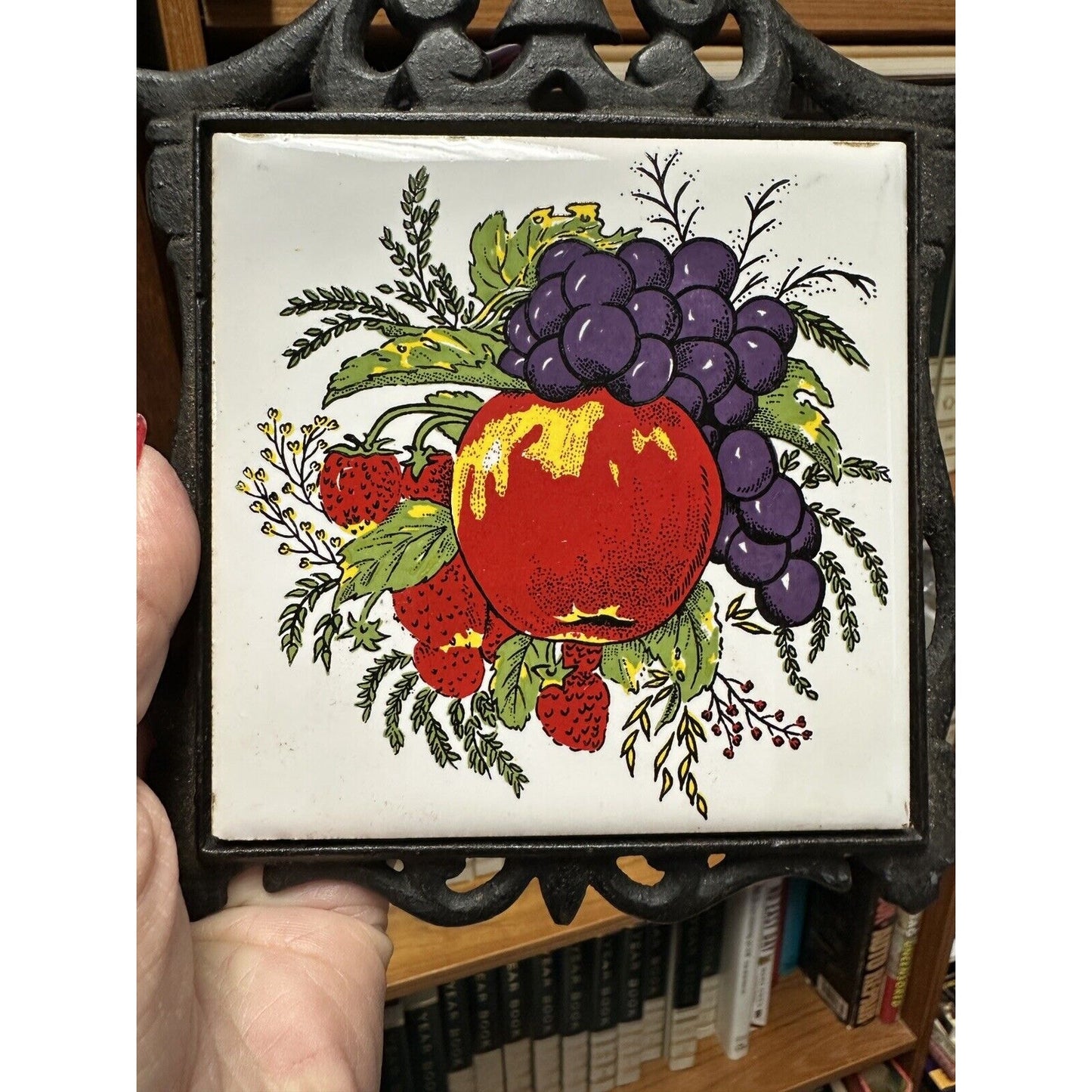 Vintage Seven Star Cast Iron Footed Tile Trivet Apple Grapes Strawberry Design