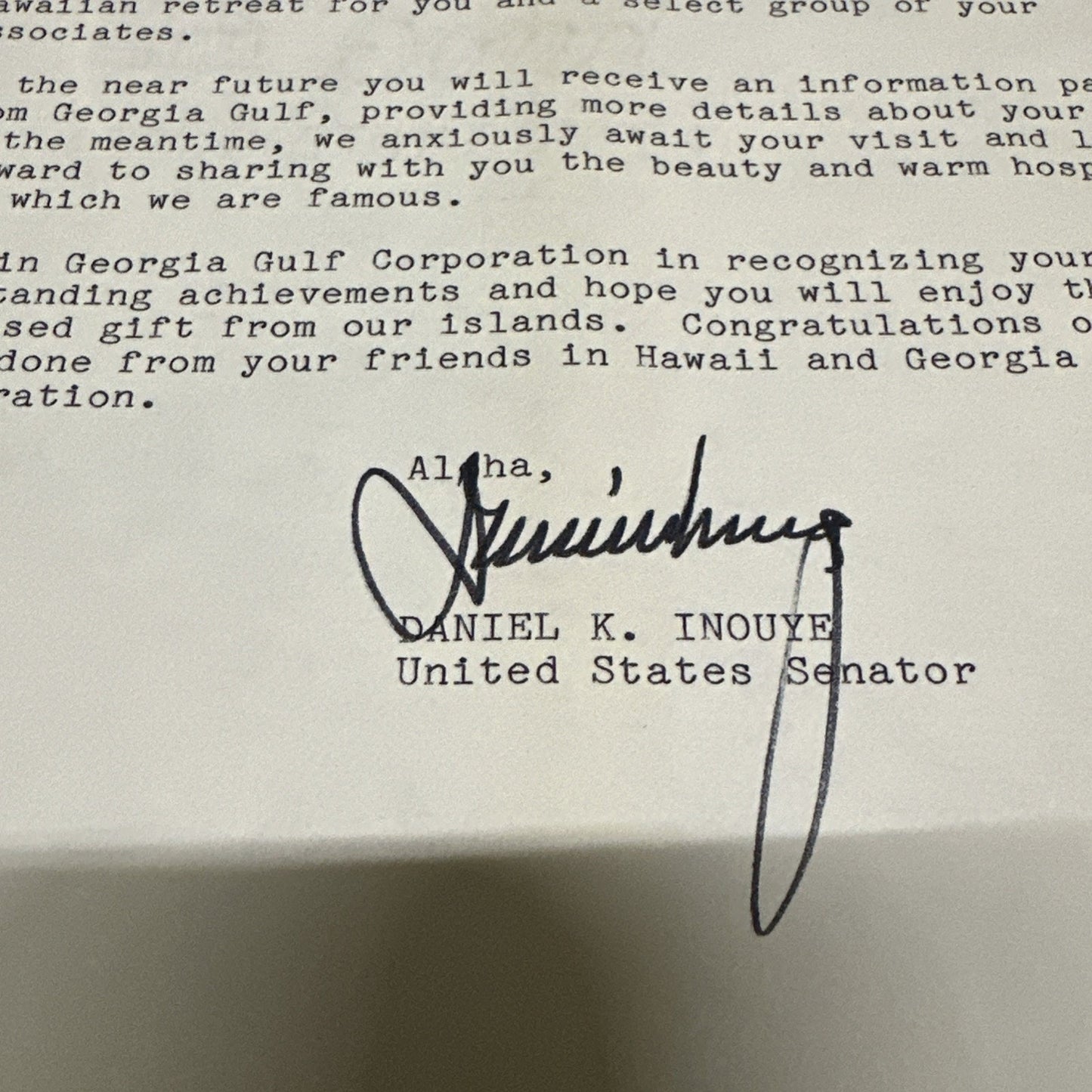 DANIEL K. INOUYE - TYPED LETTER SIGNED 1989