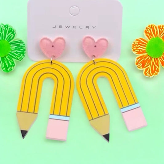 Pink And Yellow Pencil Rainbow Shaped Teacher Back To School Earring