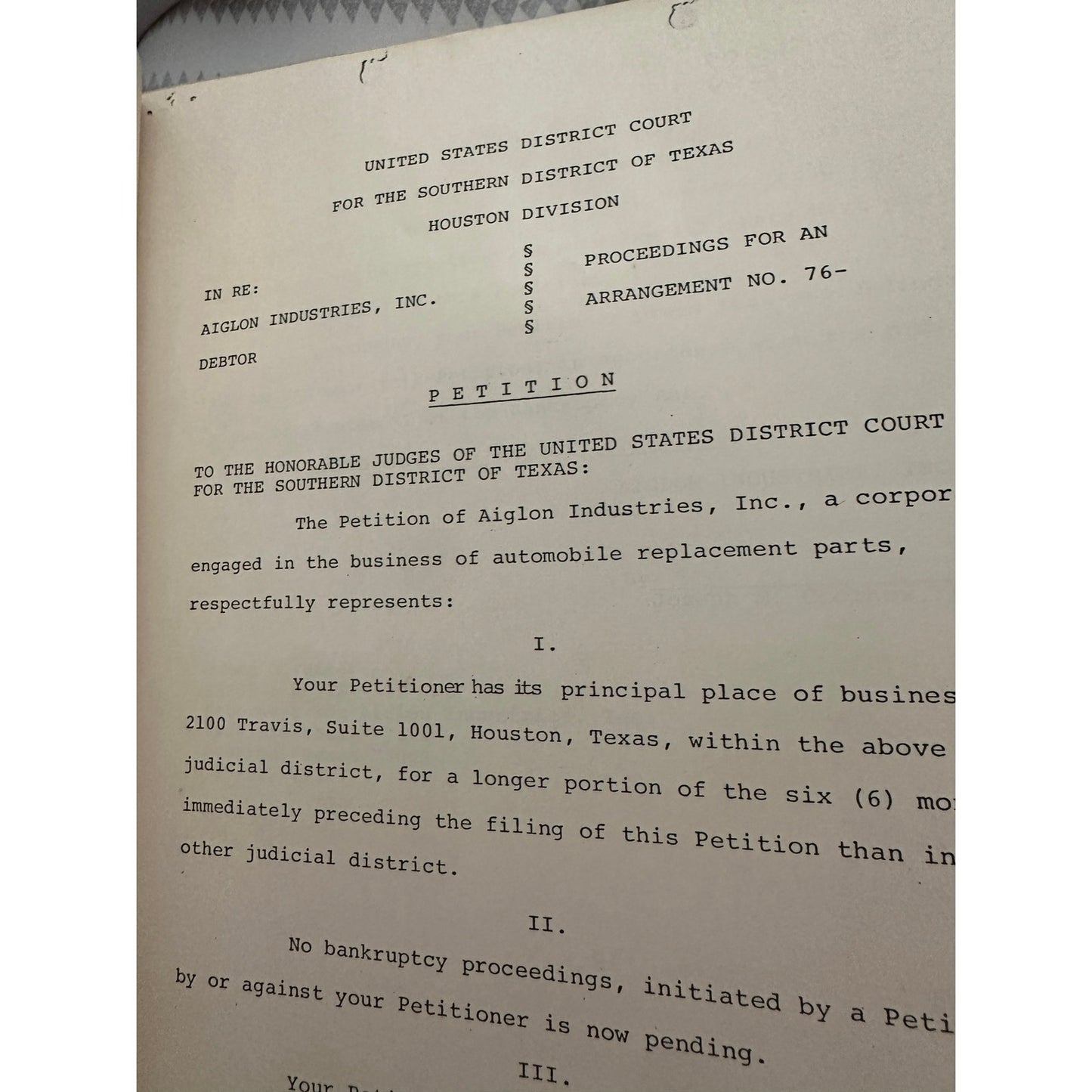 Aiglon Industries, Inc ET AL chapter XI Arrangement Proceedings NOS 76-HS-494, ET SEQ