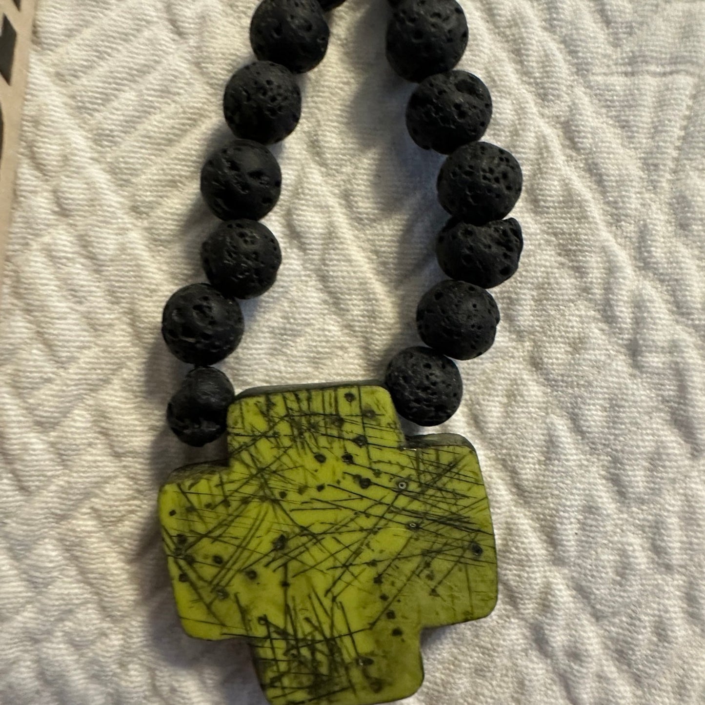 Beautiful rare Lava Bead necklace with green cross