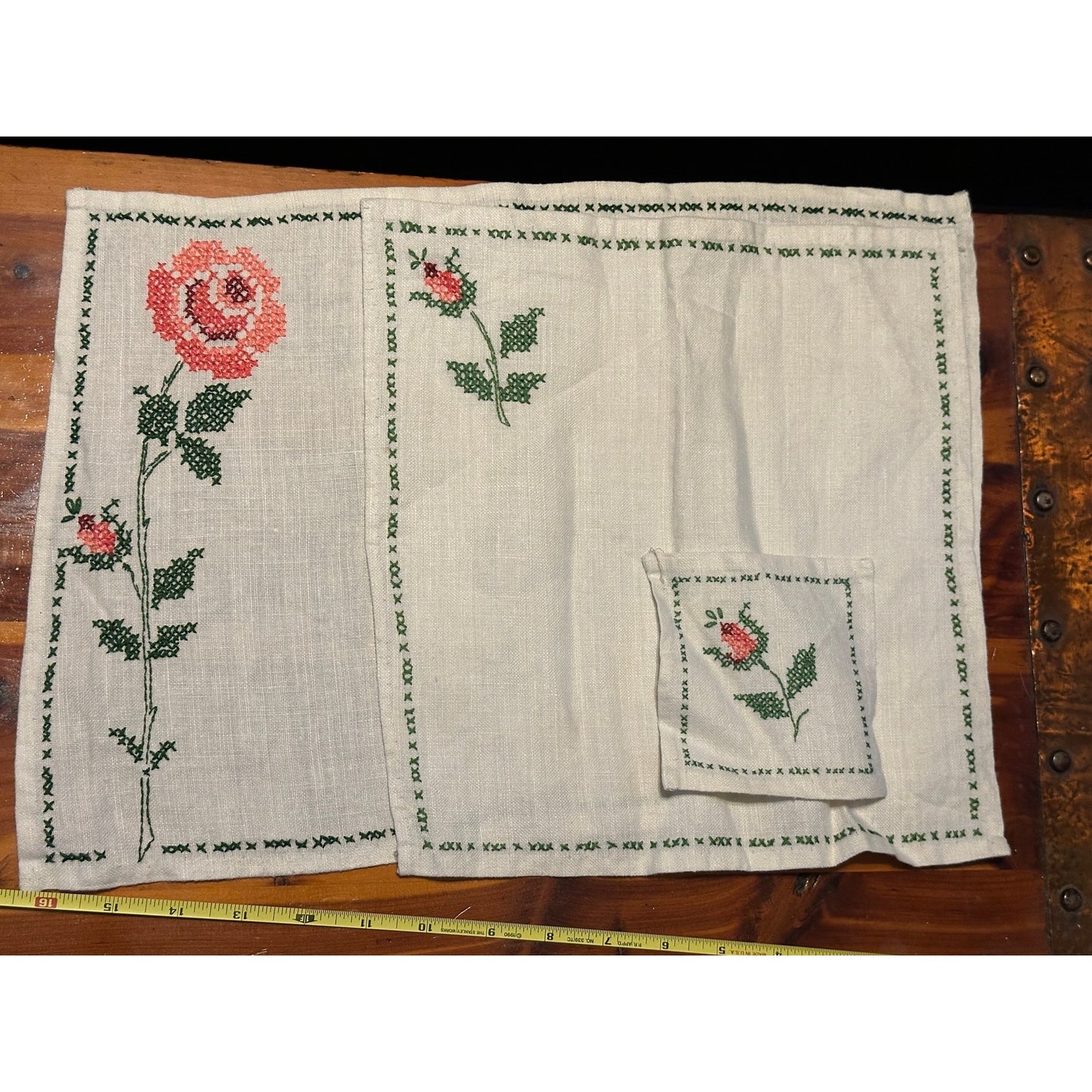 Vintage Rose  linen set, placemats,  napkins, coasters, embroidered linen