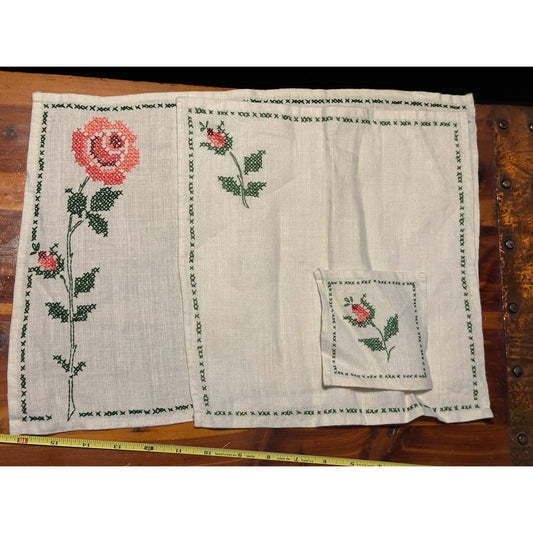 Vintage Rose  linen set, placemats,  napkins, coasters, embroidered linen